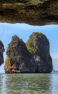 Preview wallpaper rocks, sea, grass, view, nature
