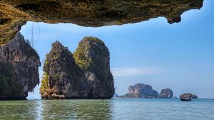 Preview wallpaper rocks, sea, grass, view, nature