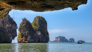 Preview wallpaper rocks, sea, grass, view, nature