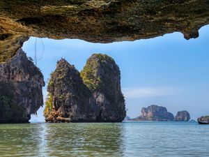 Preview wallpaper rocks, sea, grass, view, nature
