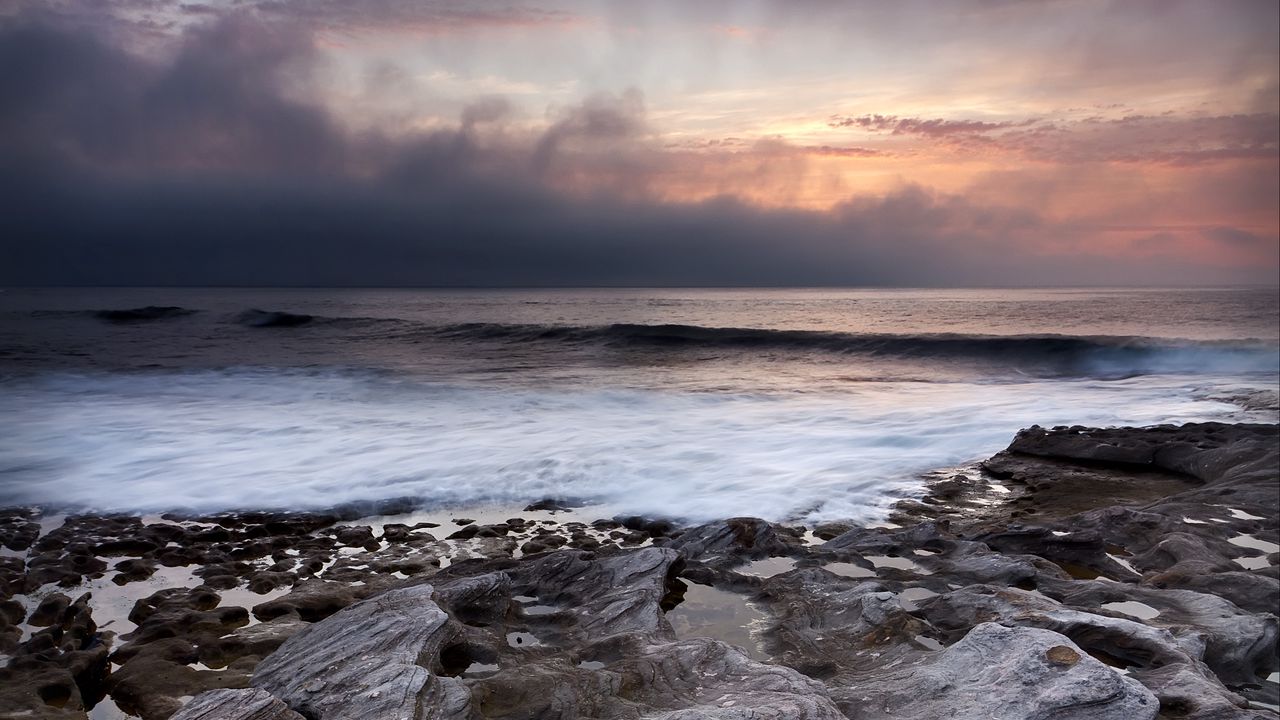 Wallpaper rocks, sea, horizon, sunset