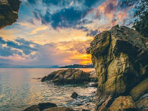 Preview wallpaper rocks, sea, stones, sunset
