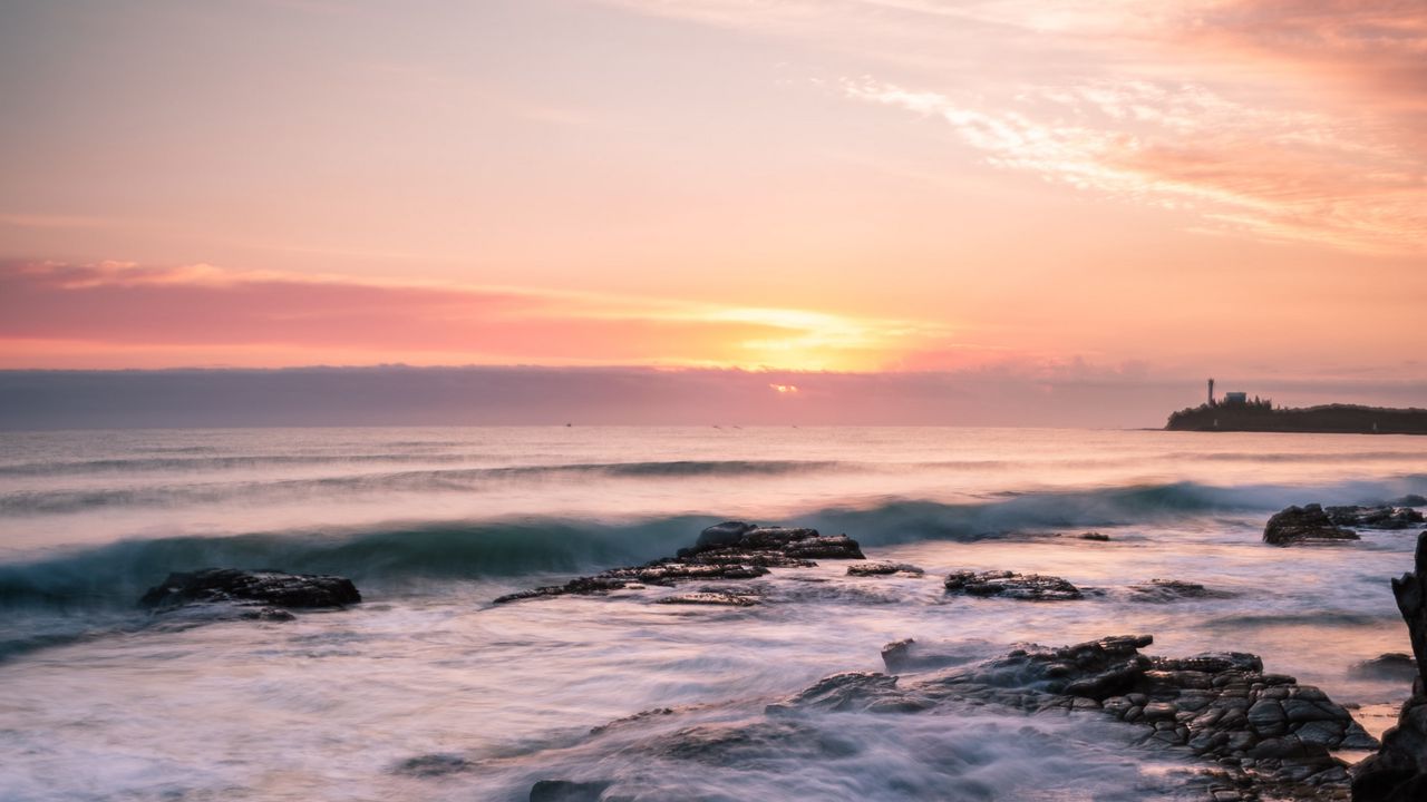 Wallpaper rocks, sea, sunset, horizon, clouds