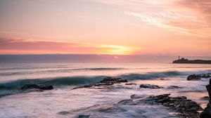 Preview wallpaper rocks, sea, sunset, horizon, clouds