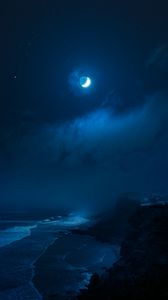 Preview wallpaper rocks, sea, surf, moon, night