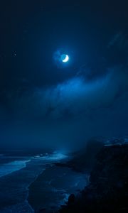 Preview wallpaper rocks, sea, surf, moon, night