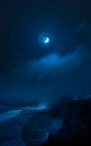 Preview wallpaper rocks, sea, surf, moon, night