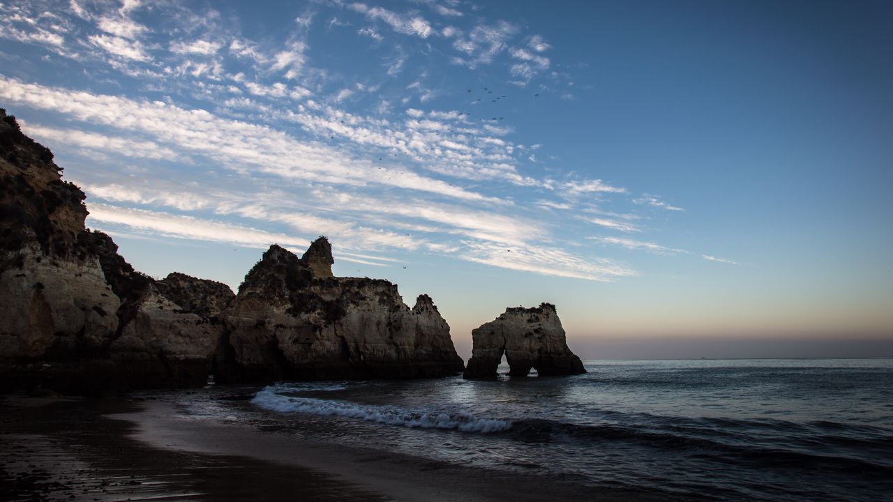 Wallpaper rocks, sea, twilight, landscape, nature
