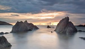 Preview wallpaper rocks, sea, veil, silence, evening, sky