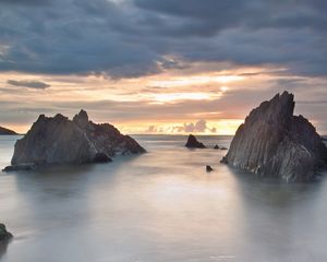 Preview wallpaper rocks, sea, veil, silence, evening, sky