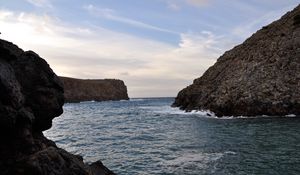 Preview wallpaper rocks, sea, waves, sky, clouds, nature