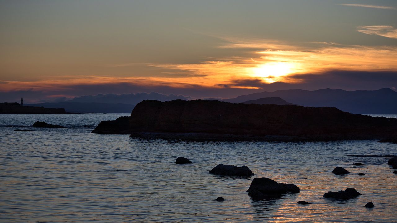 Wallpaper rocks, silhouettes, sea, sunset, dark