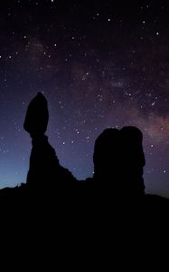 Preview wallpaper rocks, silhouettes, starry sky, night, dark, darkness