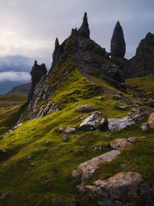 Preview wallpaper rocks, slope, grass, stones, valley