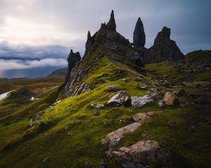 Preview wallpaper rocks, slope, grass, stones, valley