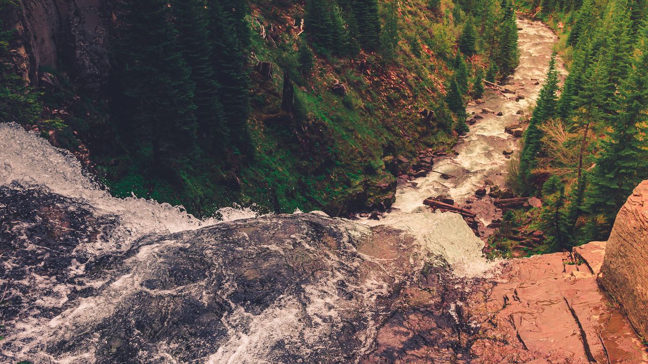 Wallpaper rocks, slope, river, forest, trees