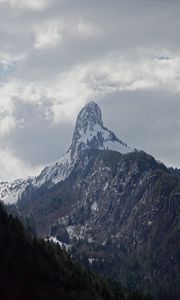 Preview wallpaper rocks, slope, snow, snowy, trees, mountains