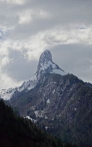 Preview wallpaper rocks, slope, snow, snowy, trees, mountains