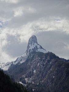 Preview wallpaper rocks, slope, snow, snowy, trees, mountains