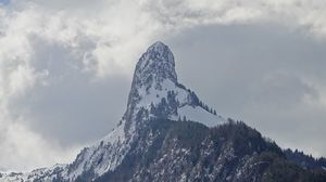 Preview wallpaper rocks, slope, snow, snowy, trees, mountains