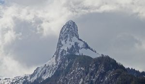 Preview wallpaper rocks, slope, snow, snowy, trees, mountains