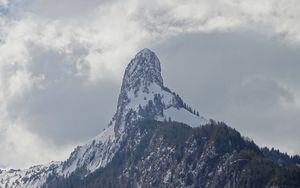 Preview wallpaper rocks, slope, snow, snowy, trees, mountains