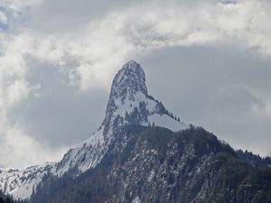 Preview wallpaper rocks, slope, snow, snowy, trees, mountains