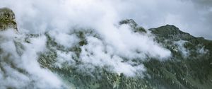 Preview wallpaper rocks, slope, trees, fog, clouds