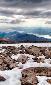 Preview wallpaper rocks, snow, distance