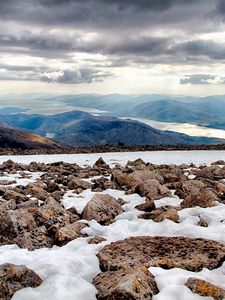 Preview wallpaper rocks, snow, distance