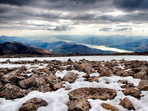 Preview wallpaper rocks, snow, distance