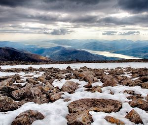 Preview wallpaper rocks, snow, distance