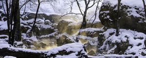 Preview wallpaper rocks, snow, winter, glow, steam
