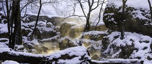 Preview wallpaper rocks, snow, winter, glow, steam