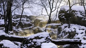 Preview wallpaper rocks, snow, winter, glow, steam
