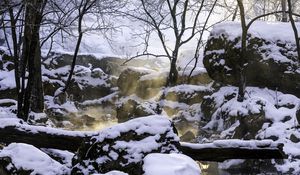 Preview wallpaper rocks, snow, winter, glow, steam