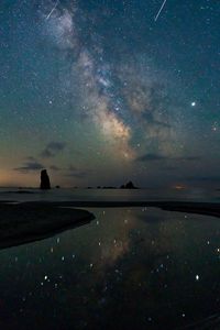 Preview wallpaper rocks, starry sky, stars, reflection