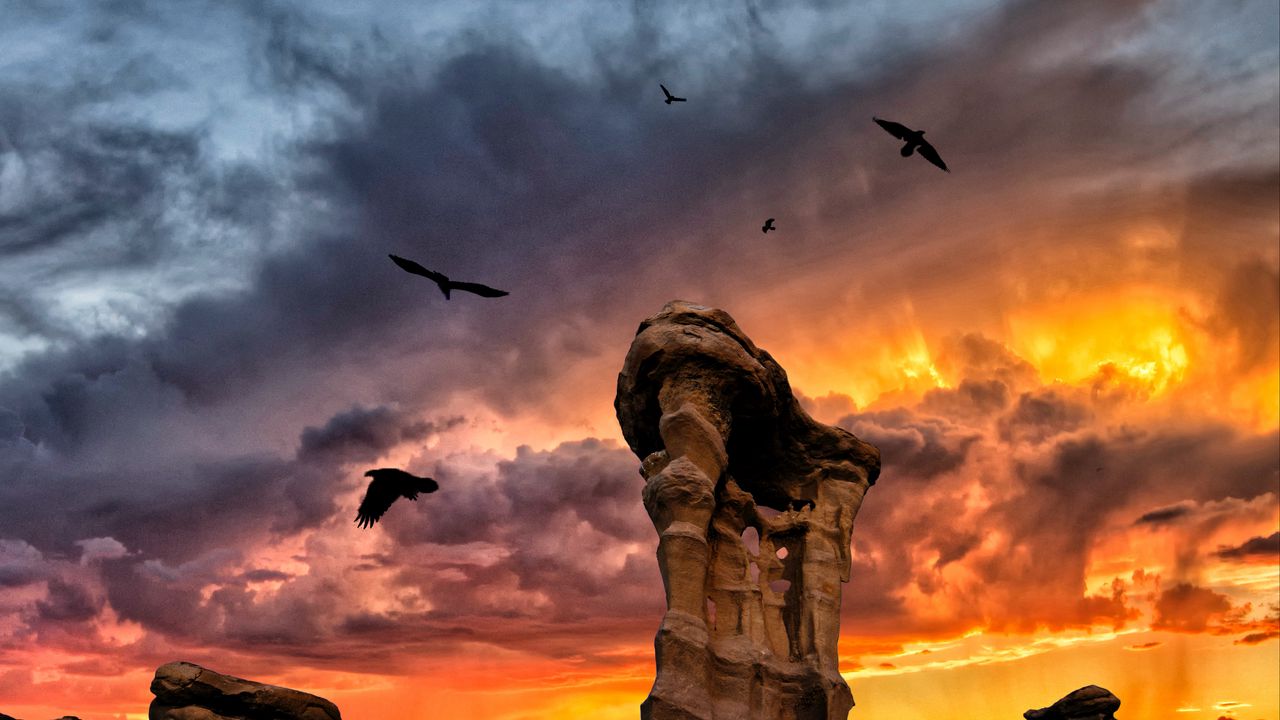 Wallpaper rocks, stone, birds, sunset, clouds