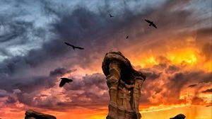 Preview wallpaper rocks, stone, birds, sunset, clouds