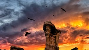 Preview wallpaper rocks, stone, birds, sunset, clouds