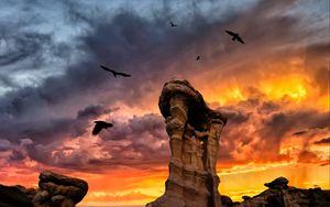 Preview wallpaper rocks, stone, birds, sunset, clouds