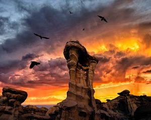 Preview wallpaper rocks, stone, birds, sunset, clouds