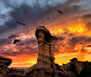 Preview wallpaper rocks, stone, birds, sunset, clouds