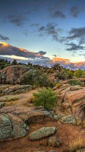 Preview wallpaper rocks, stones, bushes, sky, clouds
