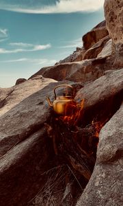 Preview wallpaper rocks, stones, fire, kettle, camping