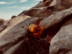 Preview wallpaper rocks, stones, fire, kettle, camping