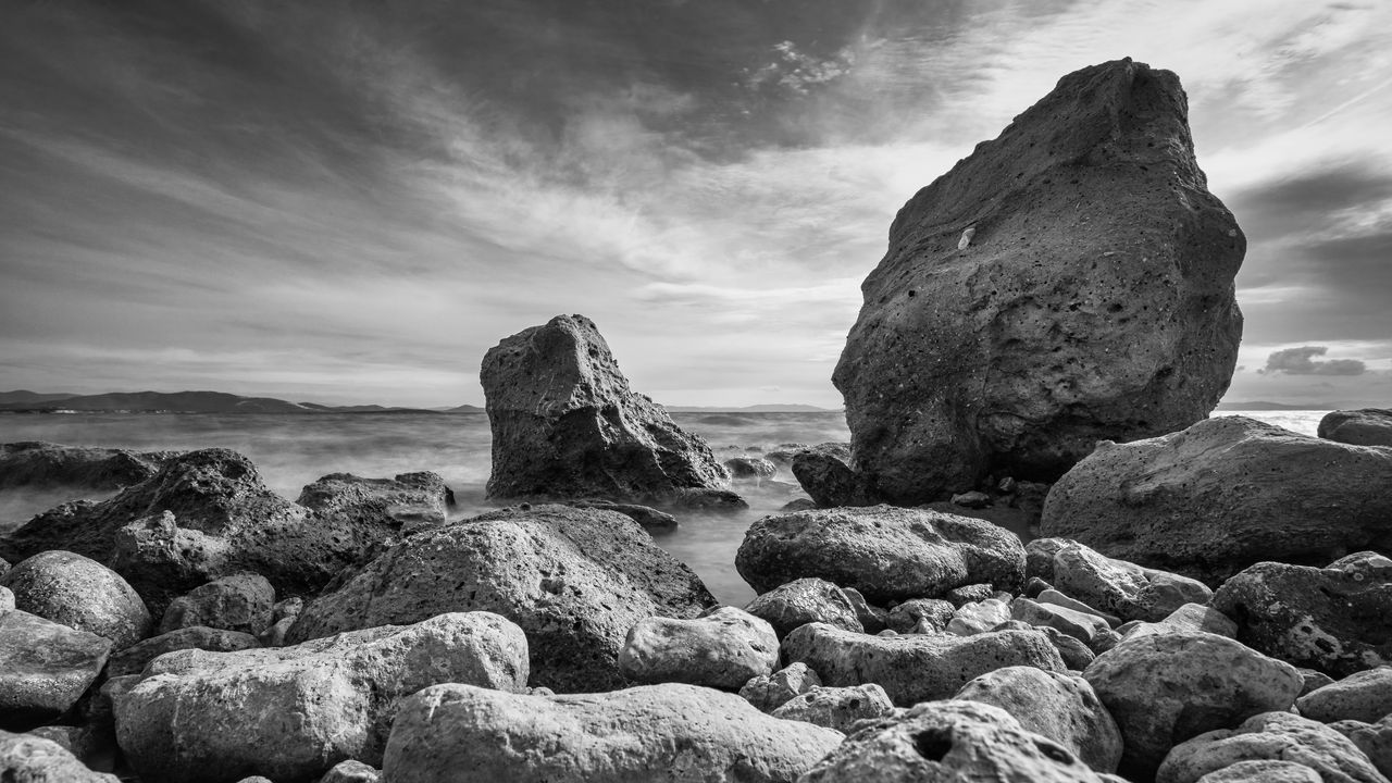 Wallpaper rocks, stones, fog, black and white hd, picture, image