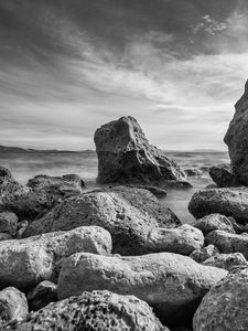 Preview wallpaper rocks, stones, fog, black and white