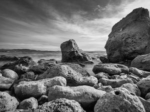 Preview wallpaper rocks, stones, fog, black and white
