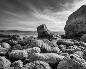 Preview wallpaper rocks, stones, fog, black and white